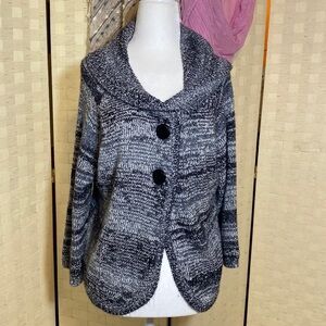 STYLE & CO XL CARDIGAN SWEATER BLACK WHITE W/ SILVER METALLIC THREAD Par…
